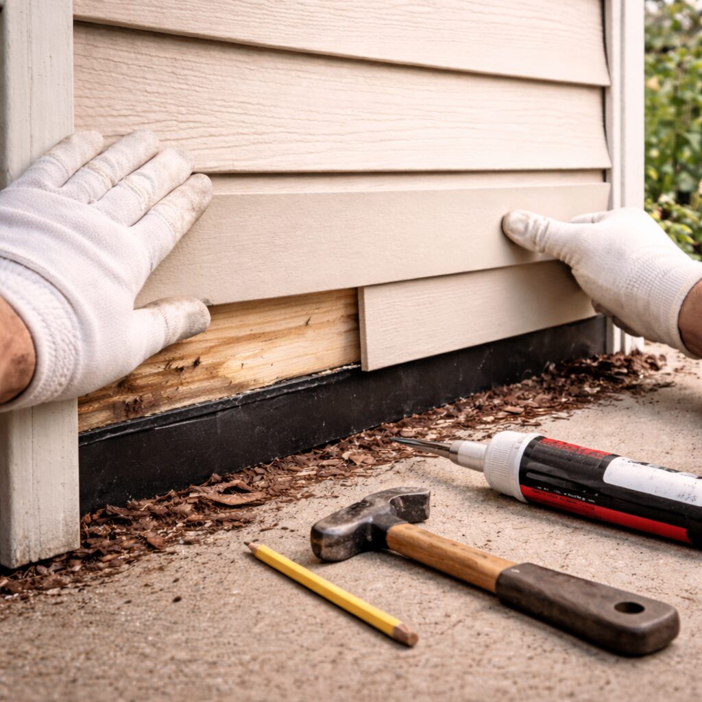 contractor installing and aligning new vinyl siding panel on exterior wall without power tools