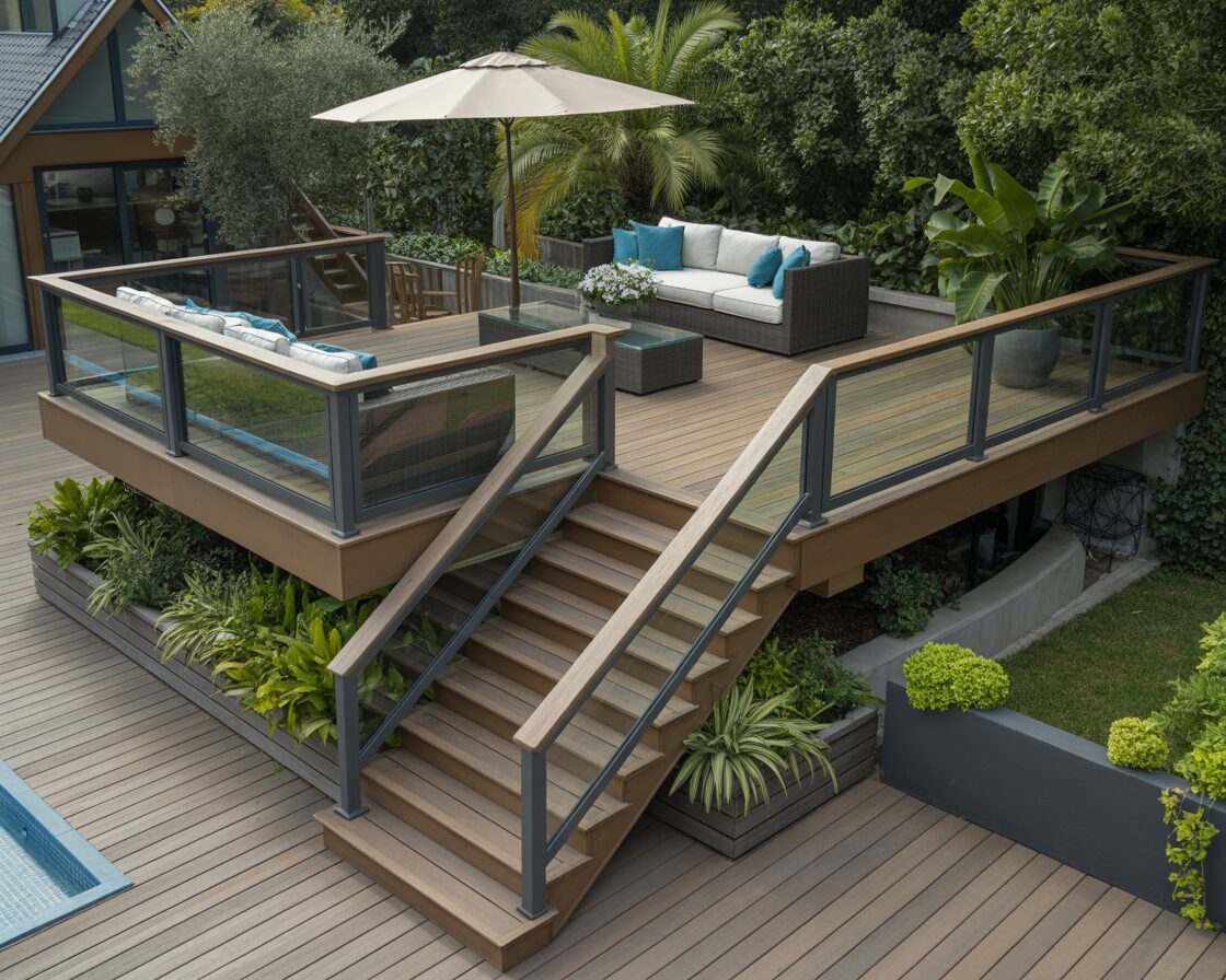 two level deck with stairs glass railing outdoor seating area and landscaped backyard