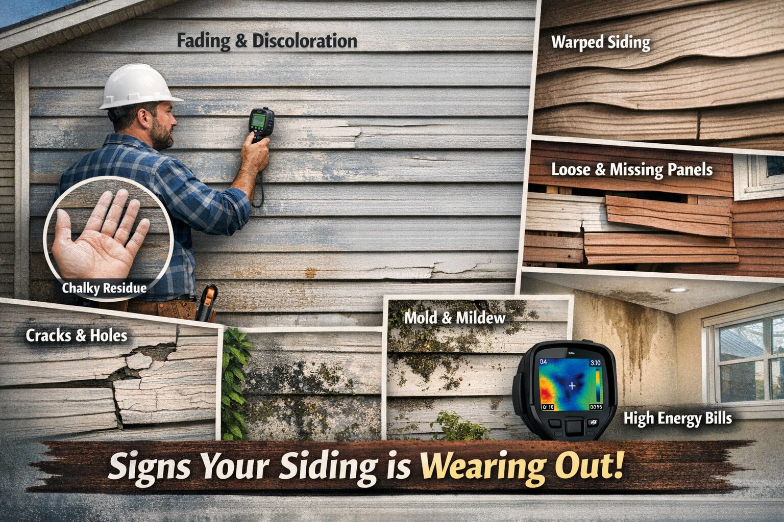 collage showing siding damage including fading discoloration warping cracks mold and loose panels