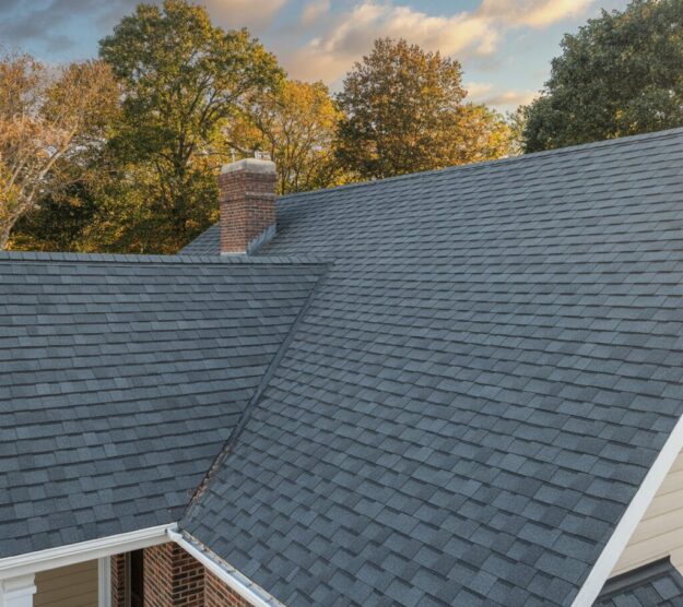 A modern home with a newly installed dark charcoal grey shingle roof, showing a clean brick chimney and dormer.