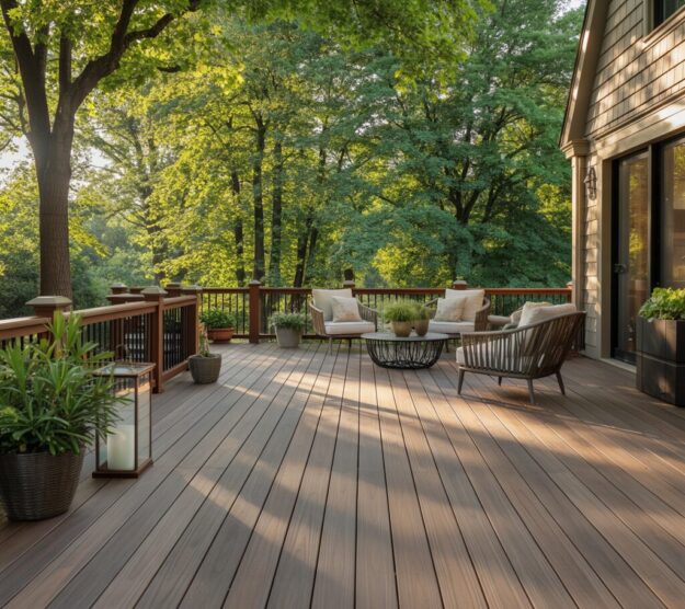 A close-up view looking up a set of custom composite deck stairs with integrated path lighting and a sleek, multi-material railing system (wood top, black metal balusters), leading to an upper-level private outdoor lounge area surrounded by dense trees in Vienna.