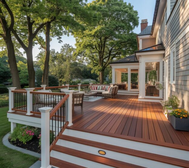 A clean and modern wooden deck with white contrast railings and built-in wide steps