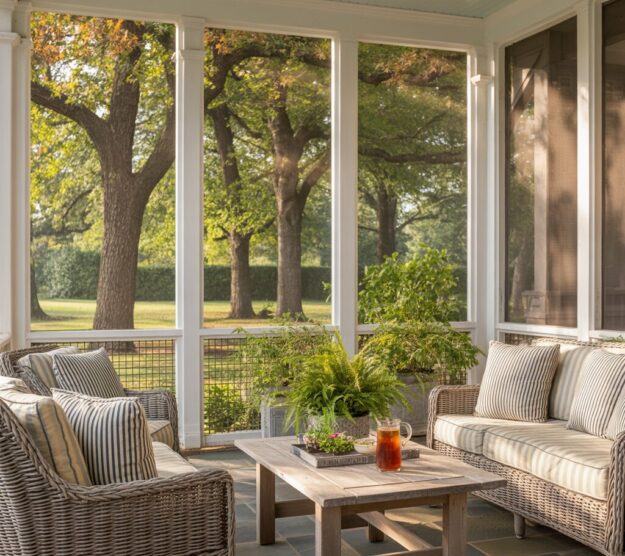 A luxurious screened-in porch with natural stone flooring, custom wainscoting, comfortable wicker furniture, and large screened panels overlooking a backyard.