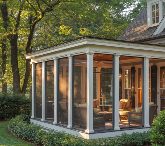 A custom-built screened-in porch remodel in Fairfax, Virginia, featuring white columns, full-height glass screens, a custom railing system, and comfortable wicker seating bathed in warm golden hour sunlight.