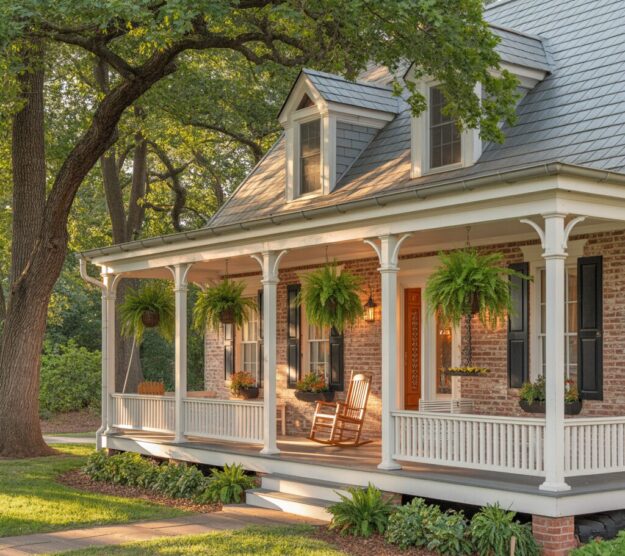 A traditional red brick house in Reston, Virginia, featuring a multi-gable, new custom slate shingle roof in varying shades of dark grey. The house includes dormer windows, custom white window trim, and a large covered porch with a rocking chair and hanging ferns.