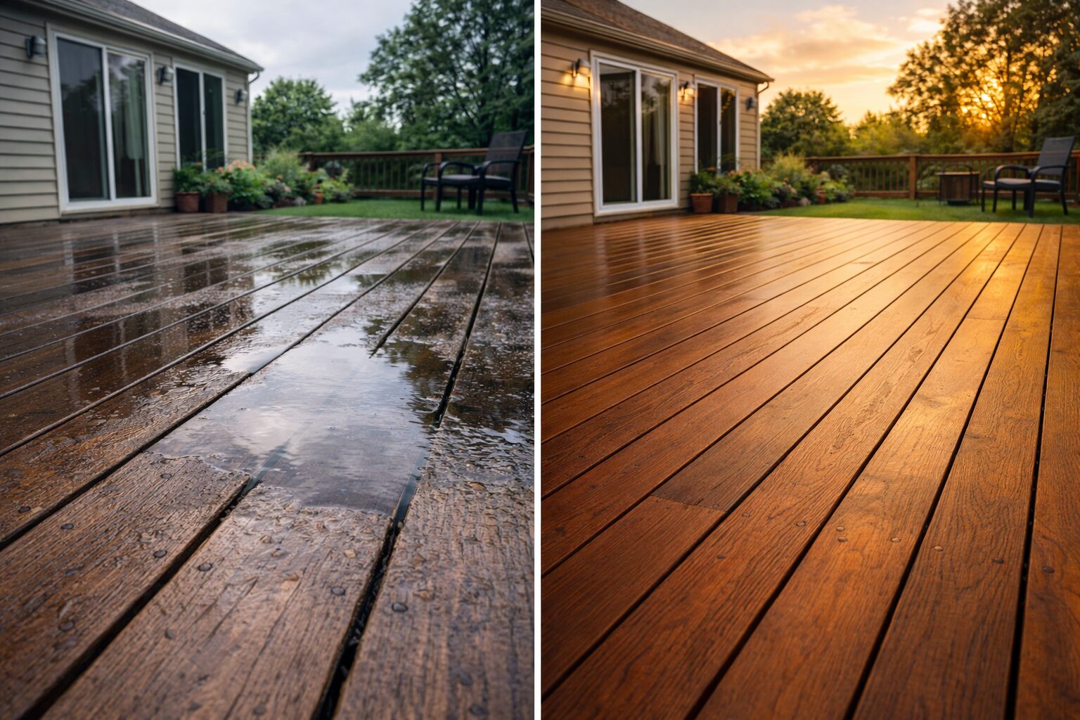 water pooling on wooden deck surface due to deck drainage problems