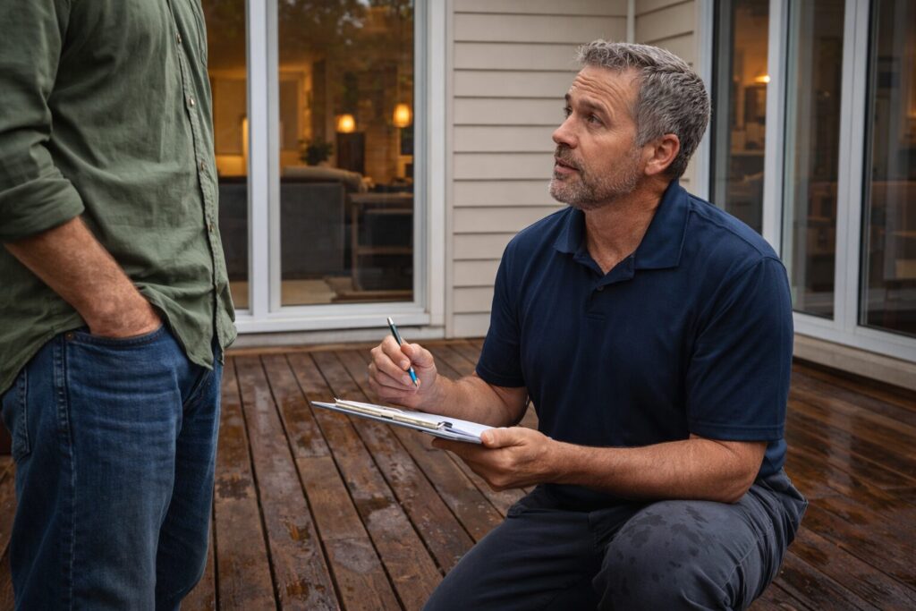 contractor inspecting wooden deck and discussing drainage issues with homeowner