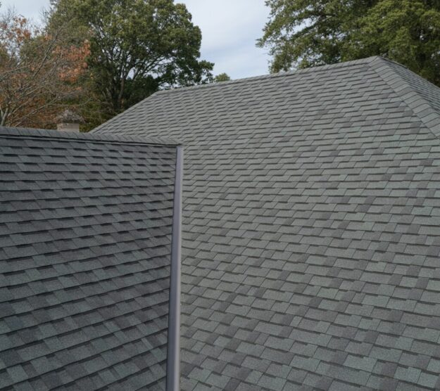 A detailed close-up view of a new asphalt shingle roof intersection, highlighting precise metal flashing in the valley for superior water runoff.