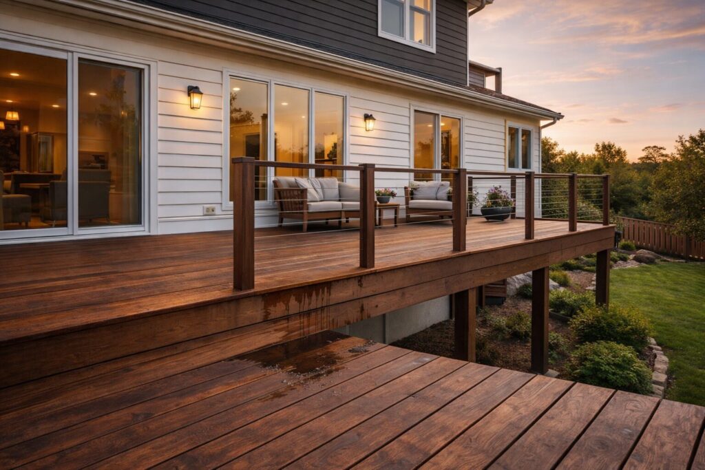 elevated wooden deck showing subtle deck drainage problems near ledger board