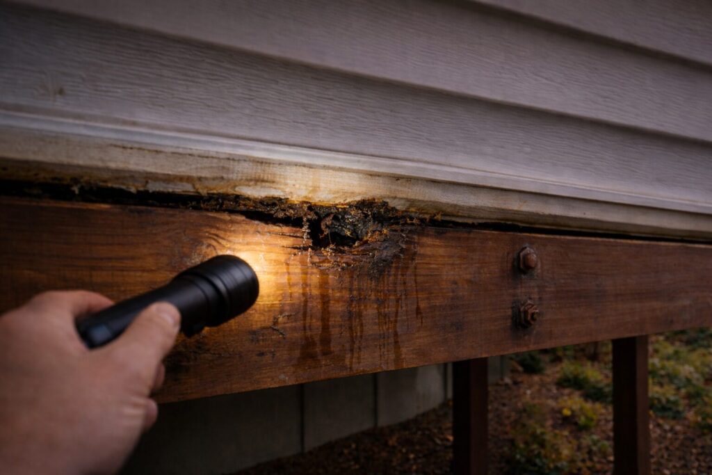 rotting ledger board with visible separation between deck and house siding