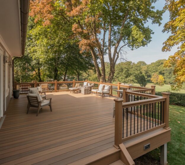 A luxurious composite deck with multi-tonal brown boards, featuring comfortable lounge seating and a detailed railing, surrounded by mature trees.