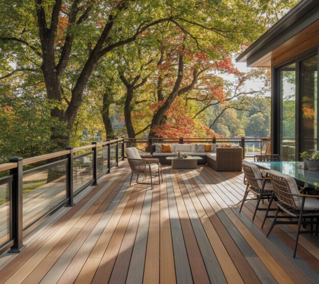 Sleek modern deck featuring multi-tonal composite boards and elegant glass railings