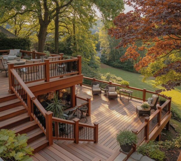 Luxury multi-level wooden deck with black metal railings overlooking a lush backyard