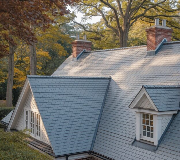 Elegant grey slate-style shingle roof featuring multiple gables and brick chimneys