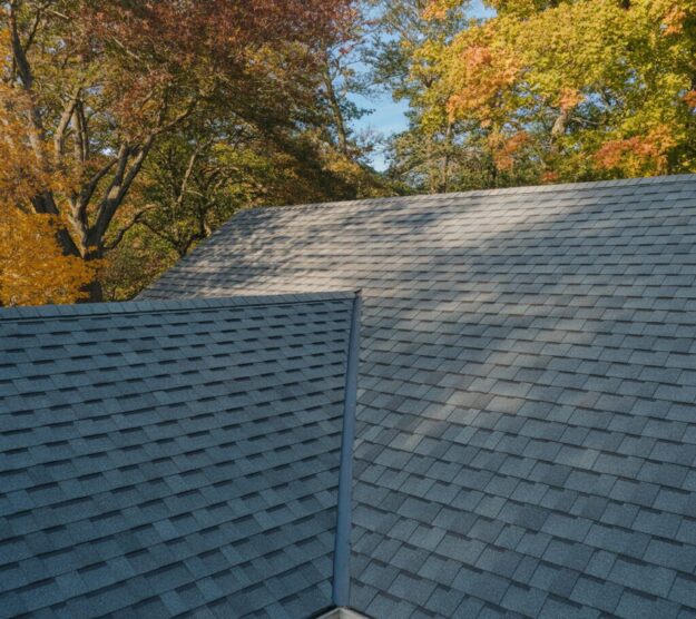Detailed top-down view of perfectly aligned asphalt shingles on a residential roof