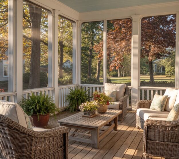 An interior view of a custom screened-in porch in McLean, Virginia, featuring low-maintenance dark wicker furniture, a rustic wood coffee table, potted ferns, and large screened panels offering a peaceful view of a leafy backyard.