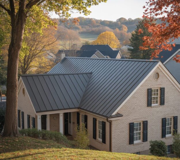 A close-up view of a custom standing seam metal roof on a light beige brick home, showing precise panel alignment and clean edges.
