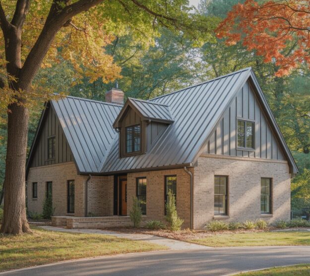A modern brick farmhouse with a clean light grey facade and a sleek, dark grey standing seam metal roof in McLean, Virginia, framed by mature oak trees with autumn foliage and a gravel driveway in the foreground.