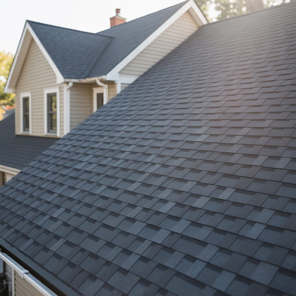 Perspective view of a steep slope roof with modern charcoal grey asphalt shingles on a suburban house.
