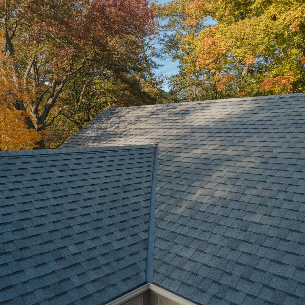 A close-up of a professional charcoal grey asphalt shingle roof installation, highlighting the complexity and material quality that affects replacement pricing.