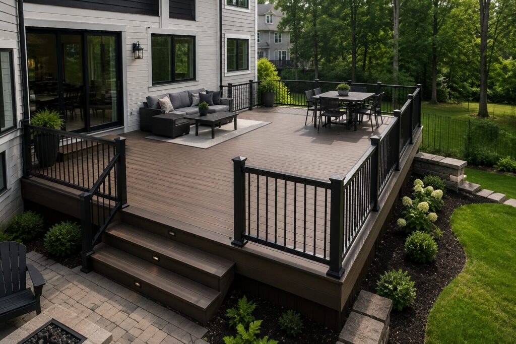 Deck contractors in Northern VA constructed this elevated composite deck with black aluminum railings, stone retaining wall, and outdoor living zones in Fairfax County