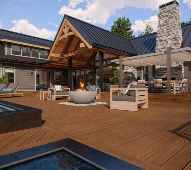 Large luxury composite deck with pool, hot tub, fire bowl, and outdoor seating area featuring warm brown decking boards on a Montana-style timber frame home