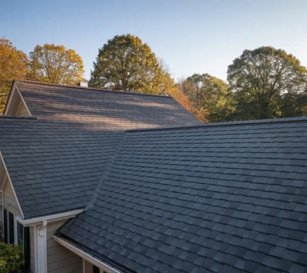 Dark gray architectural shingle roof replacement with multiple gables and rooflines, surrounded by mature trees in Northern Virginia.
