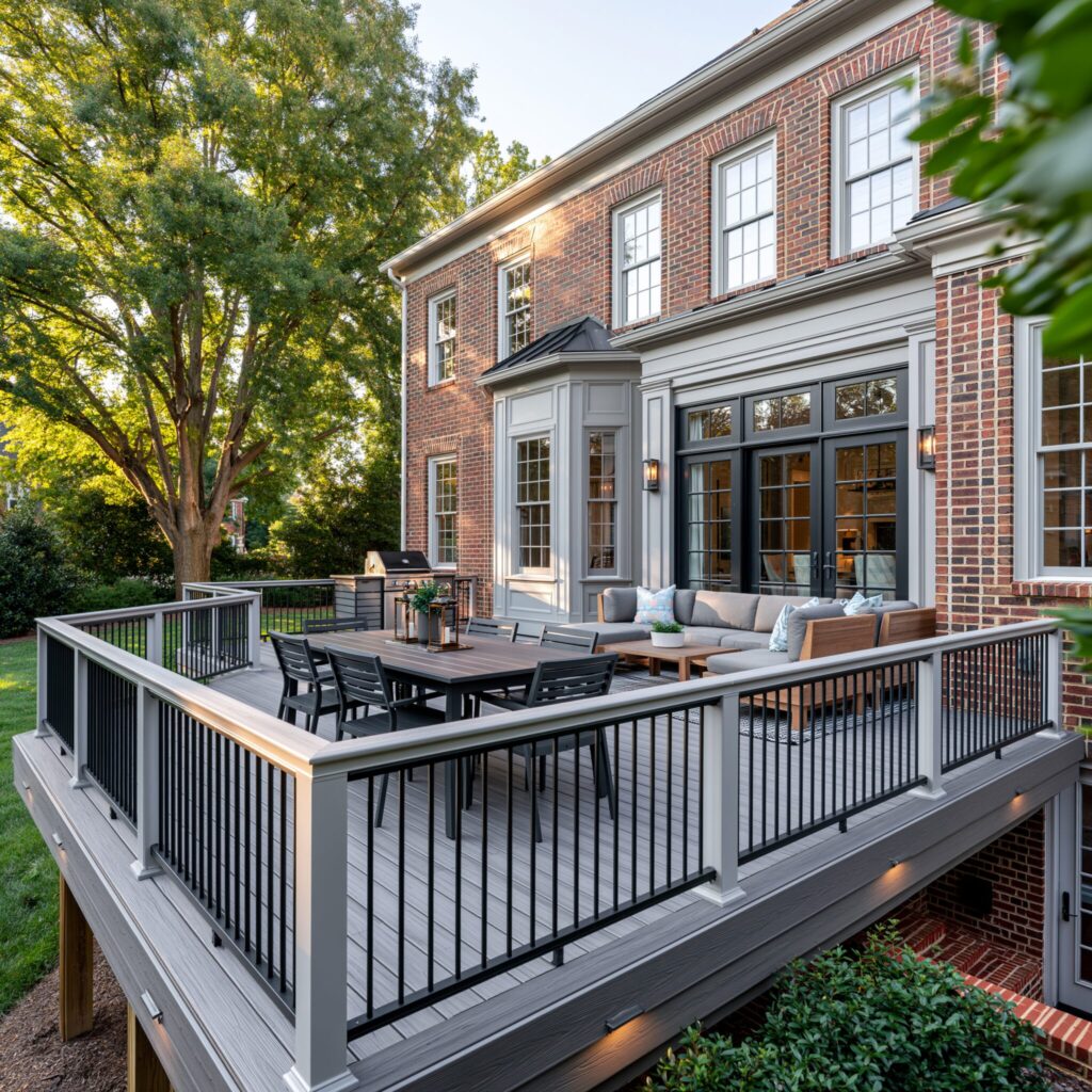 Low-maintenance composite deck in Chesterbrook Woods, McLean, VA with a dining area, sectional lounge seating, and simple black metal railings.