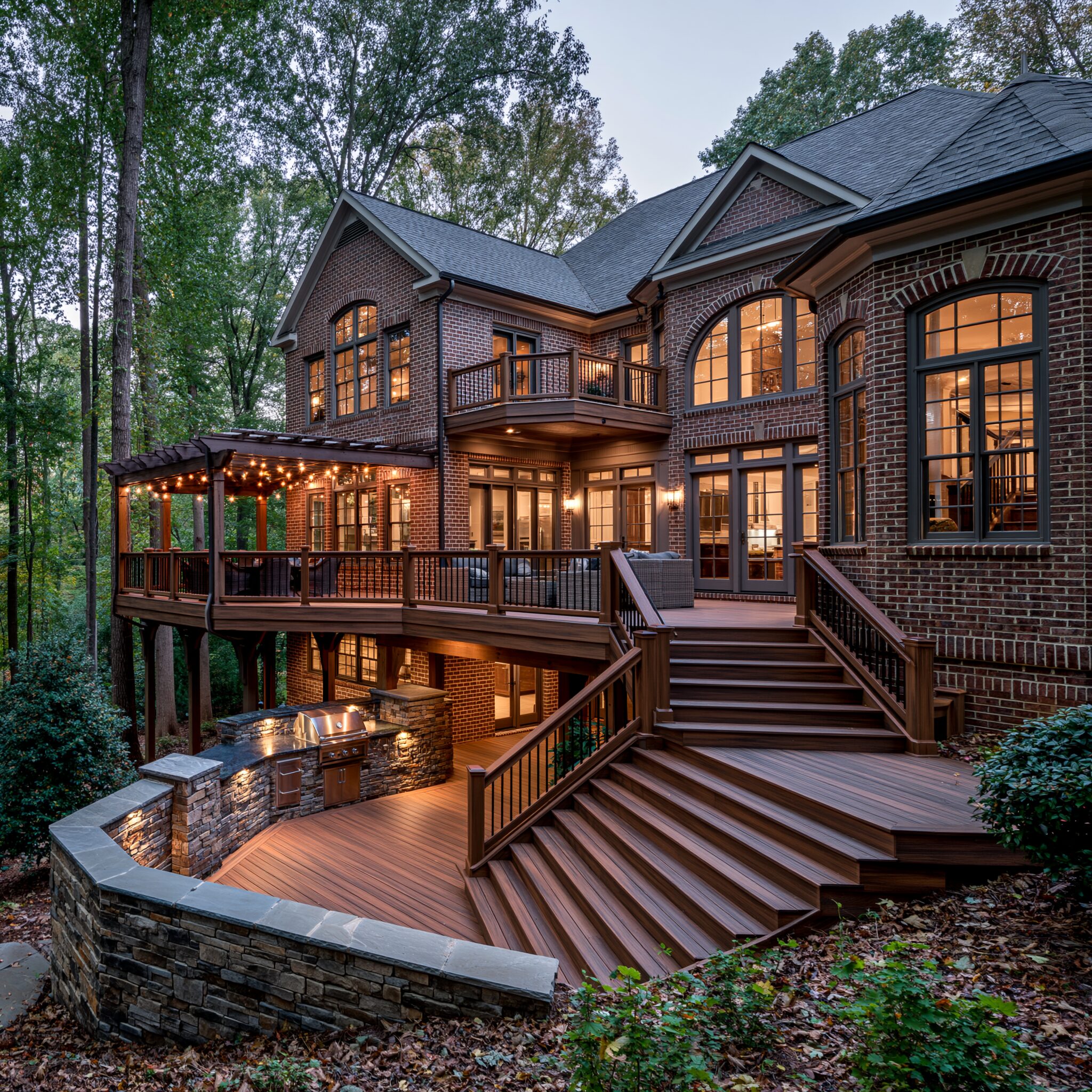 Multi-level composite deck in Langley Farms, McLean, VA with a stone outdoor kitchen, a pergola with string lights, and a wooded backyard setting.