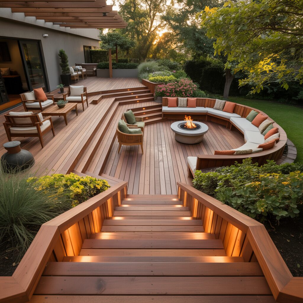 wood deck design with stairs and backyard outdoor living space