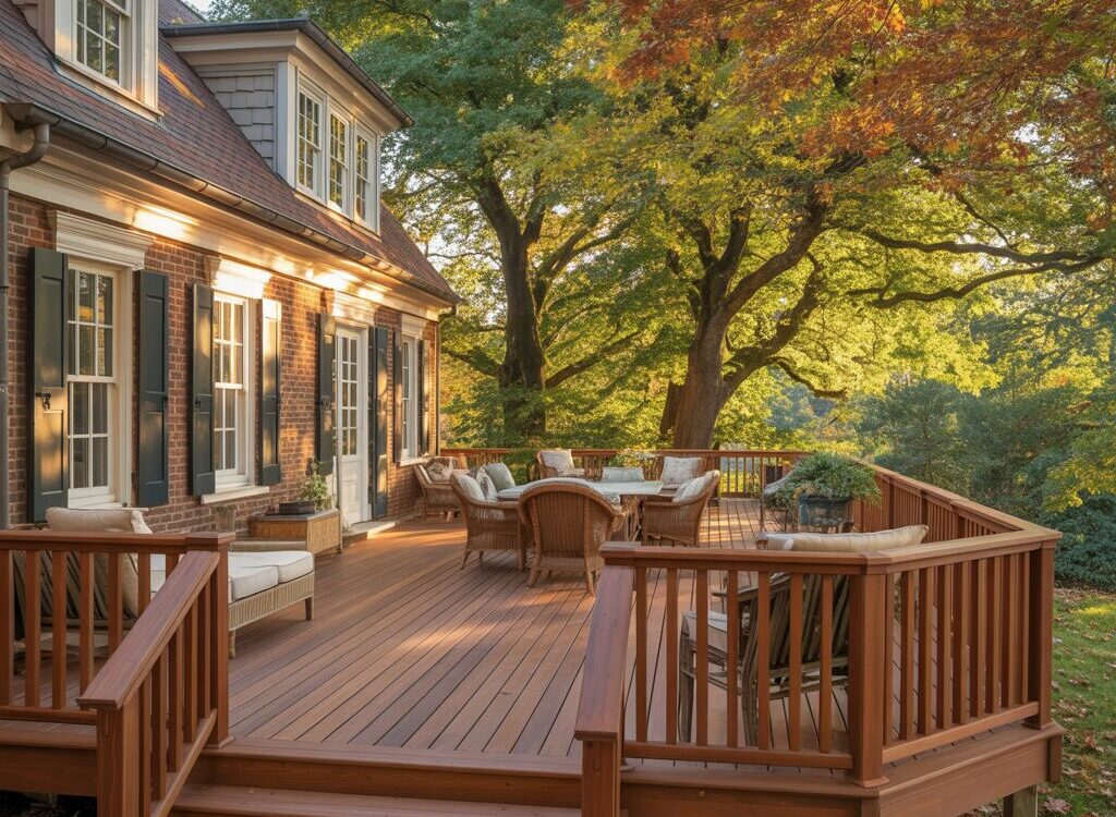 A multi-level traditional wood deck with custom stairs, designed and installed by a professional deck contractor in Herndon.